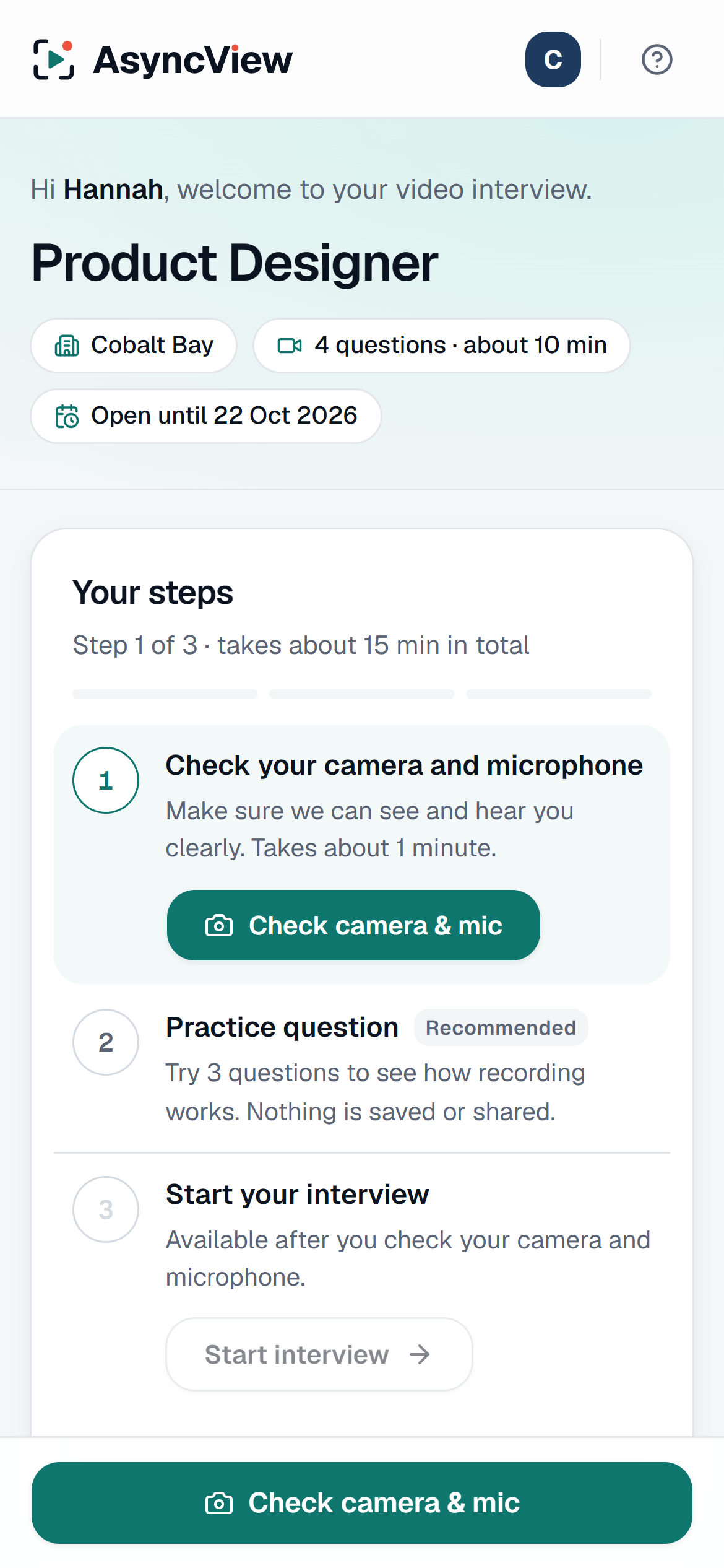 The same candidate invite page on a phone, with a large Check camera and mic button