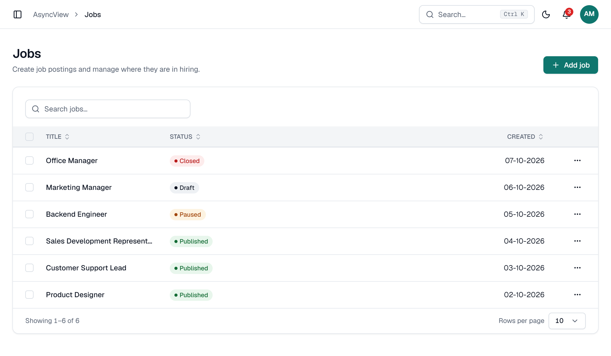 The jobs list with six roles, each marked Published, Paused, Draft or Closed