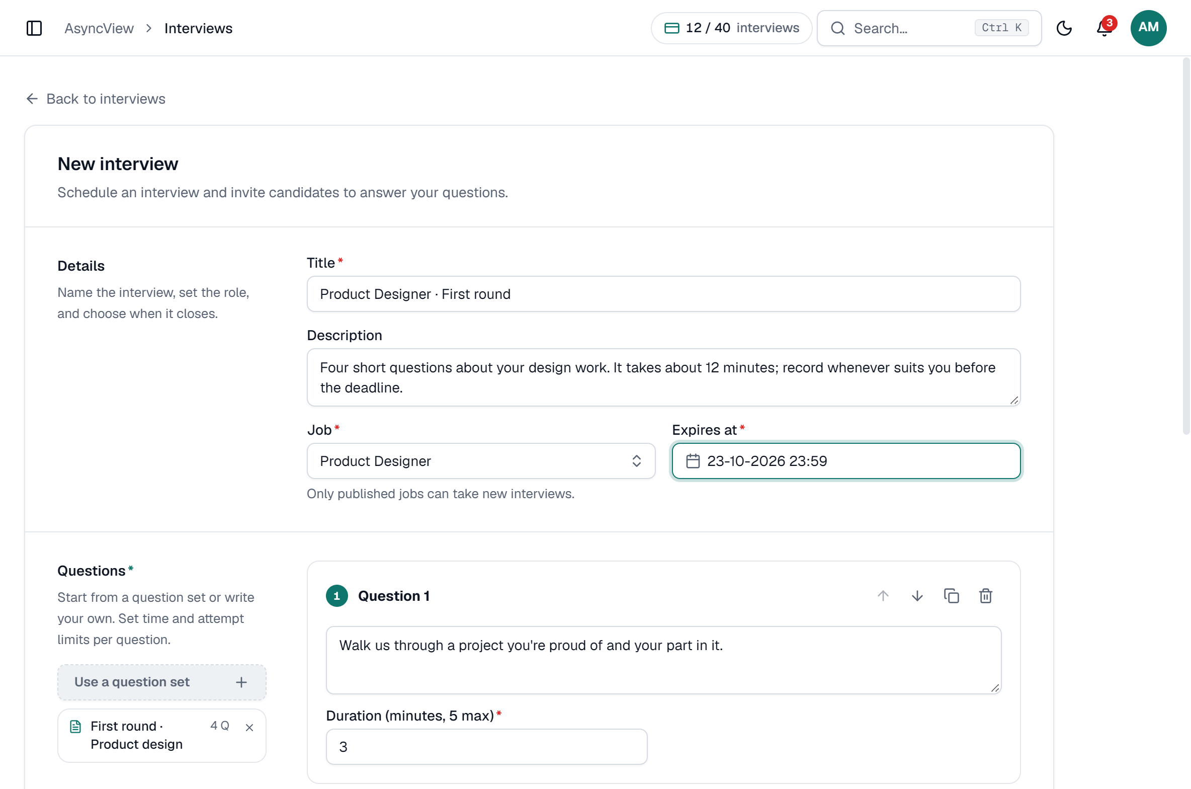 Creating an interview: title, description, the job Product Designer, a deadline of 23 October at 23:59, and questions imported from a saved question set with minutes for each answer