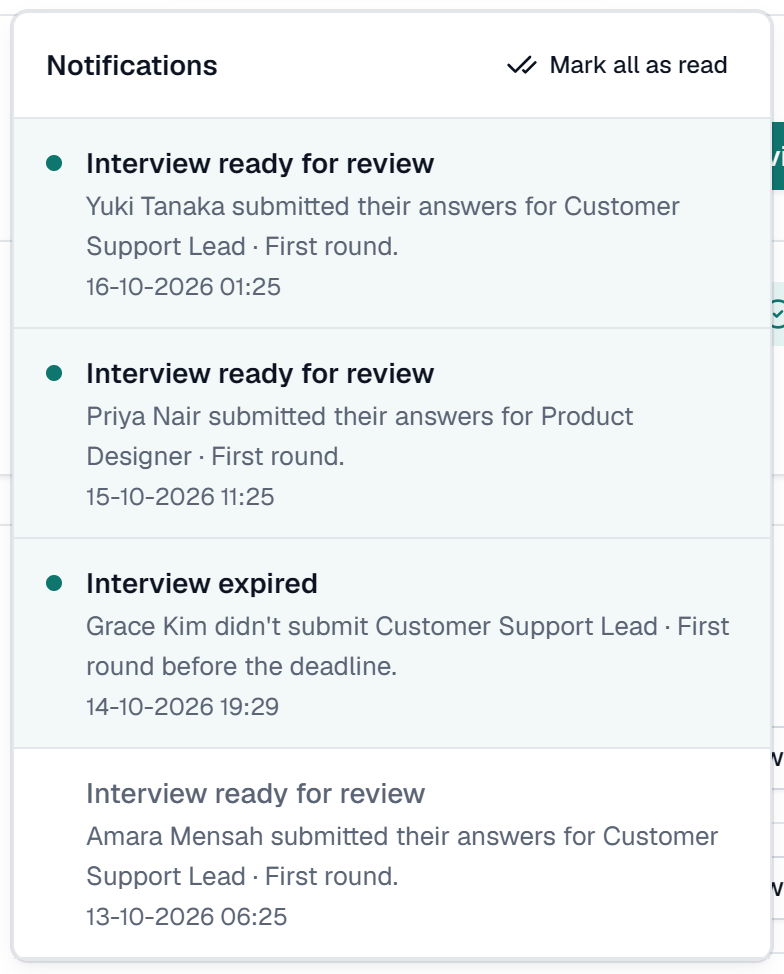 The notifications list: two interviews ready for review and one expired interview, each with the candidate's name and the time