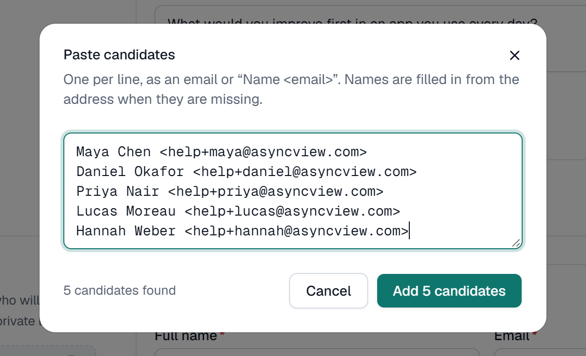 The Paste candidates dialog with five names and emails pasted one per line, 5 candidates found, and an Add 5 candidates button