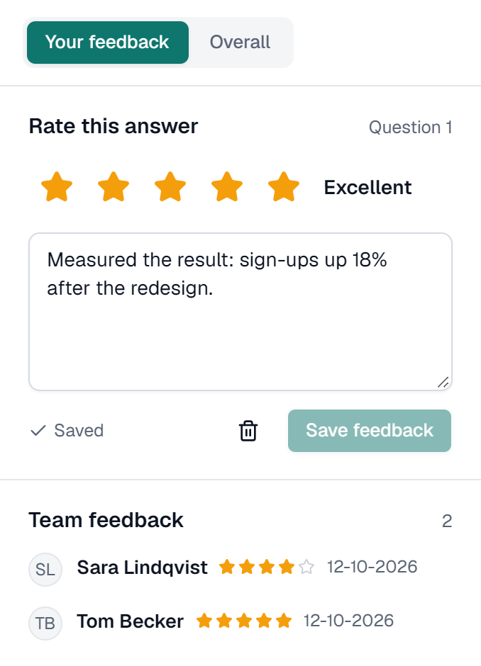 Rating one answer: five stars marked Excellent, a note about the answer, a Save feedback button, and two colleagues' star ratings under Team feedback