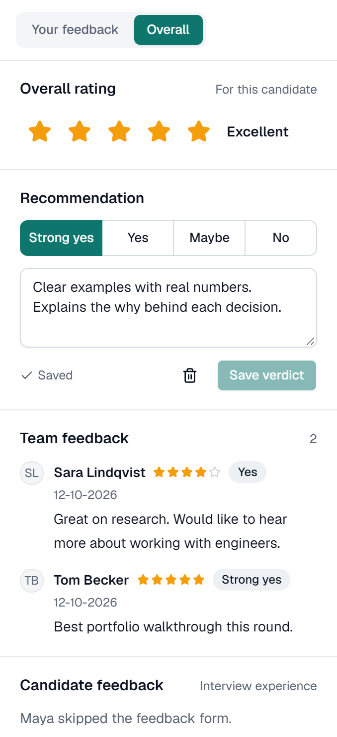 The Overall tab of a review: a five-star overall rating, the recommendation Strong yes, the reviewer's notes, and two colleagues' ratings and notes under Team feedback
