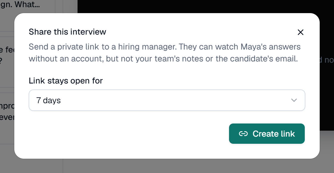 The Share this interview dialog: a private link for a hiring manager that stays open for 7 days, with a Create link button